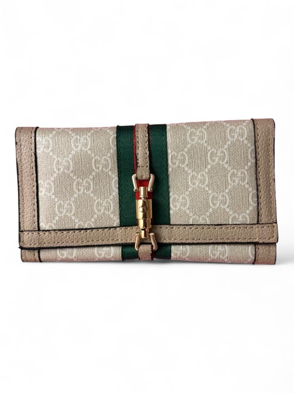 & Other Stories Beige Monogram Continental Wallet with Green and Red Stripe
